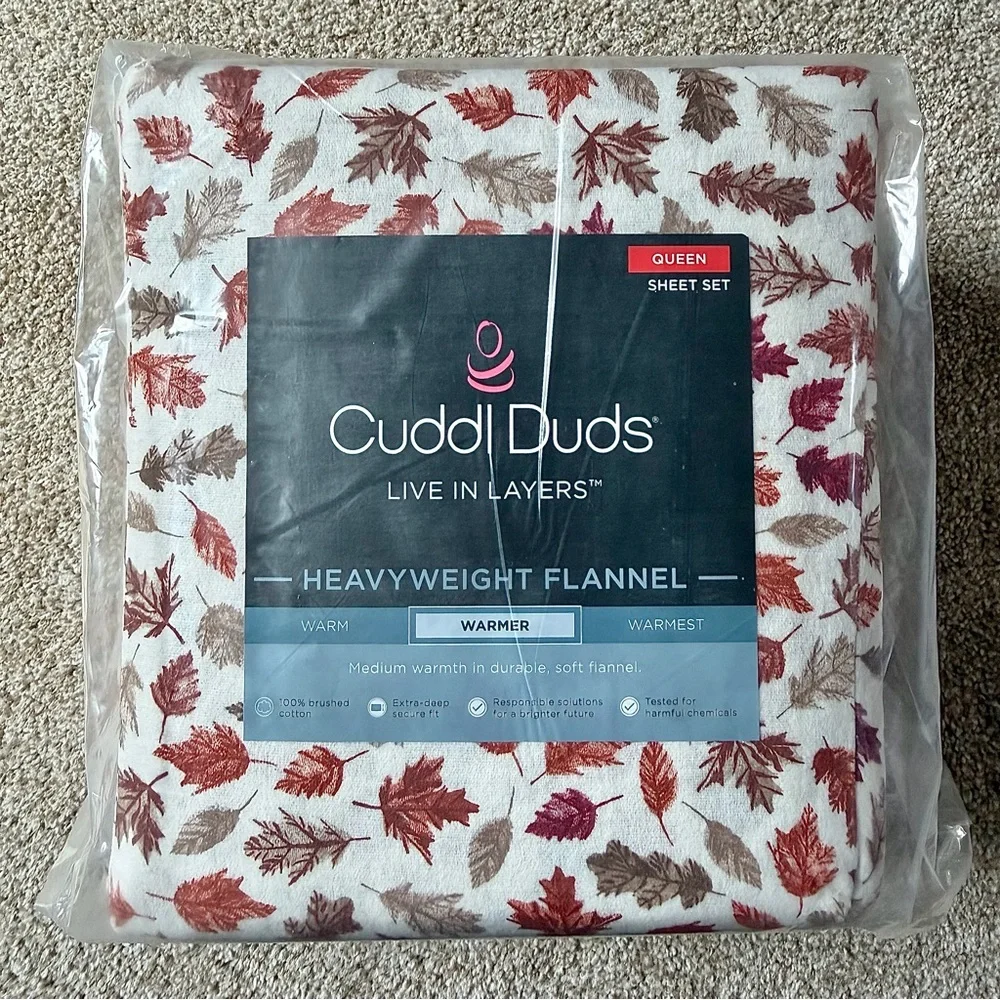 New Cuddl Duds QUEEN‎ Heavyweight Flannel 4 Piece Sheet Set Moody Leaves Fall